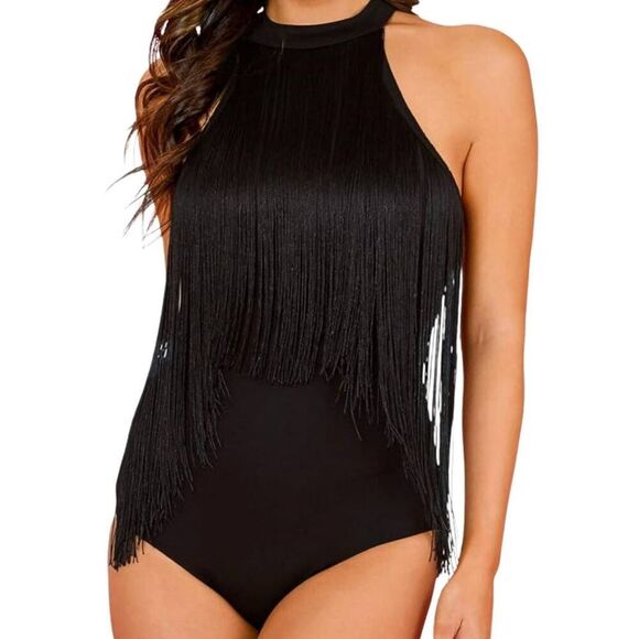 Verdusa Fringe Trim Sleeveless Bodycon Halter Bodysuit Top Brown Size Small NWOT - Picture 4 of 11